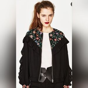Umgee | Floral Embroidery Bomber style Jacket with Ruffle Accent, Size Large
